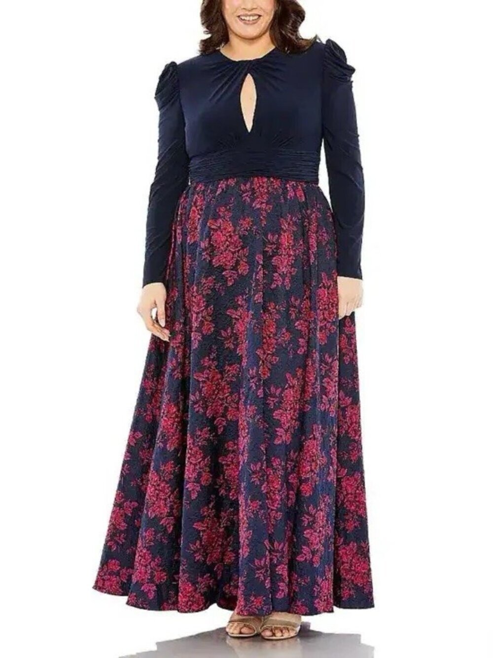 Mac Duggal Size 22 Navy Pink 68556 Long Sleeve High Neck Brocade Gown Dress NWT